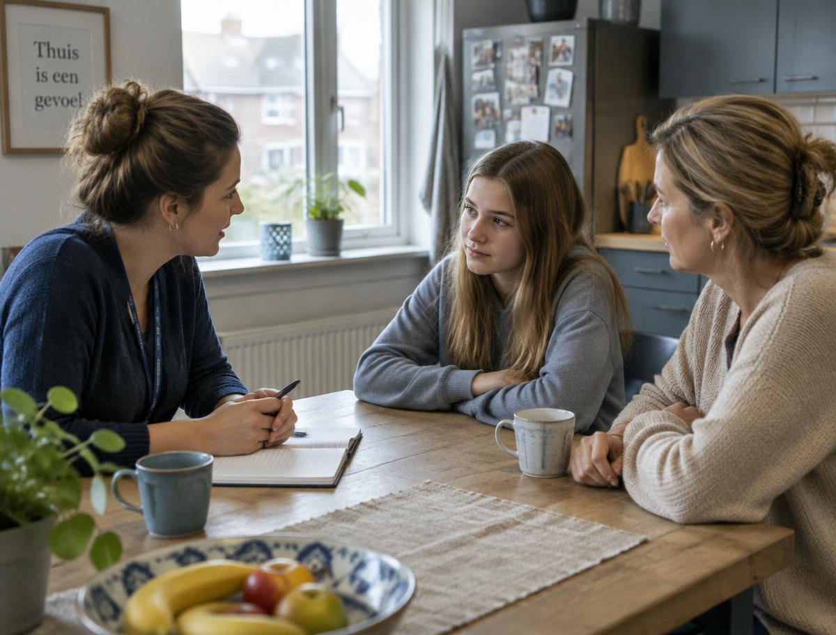 Een begeleider in gesprek met een jongere en haar moeder